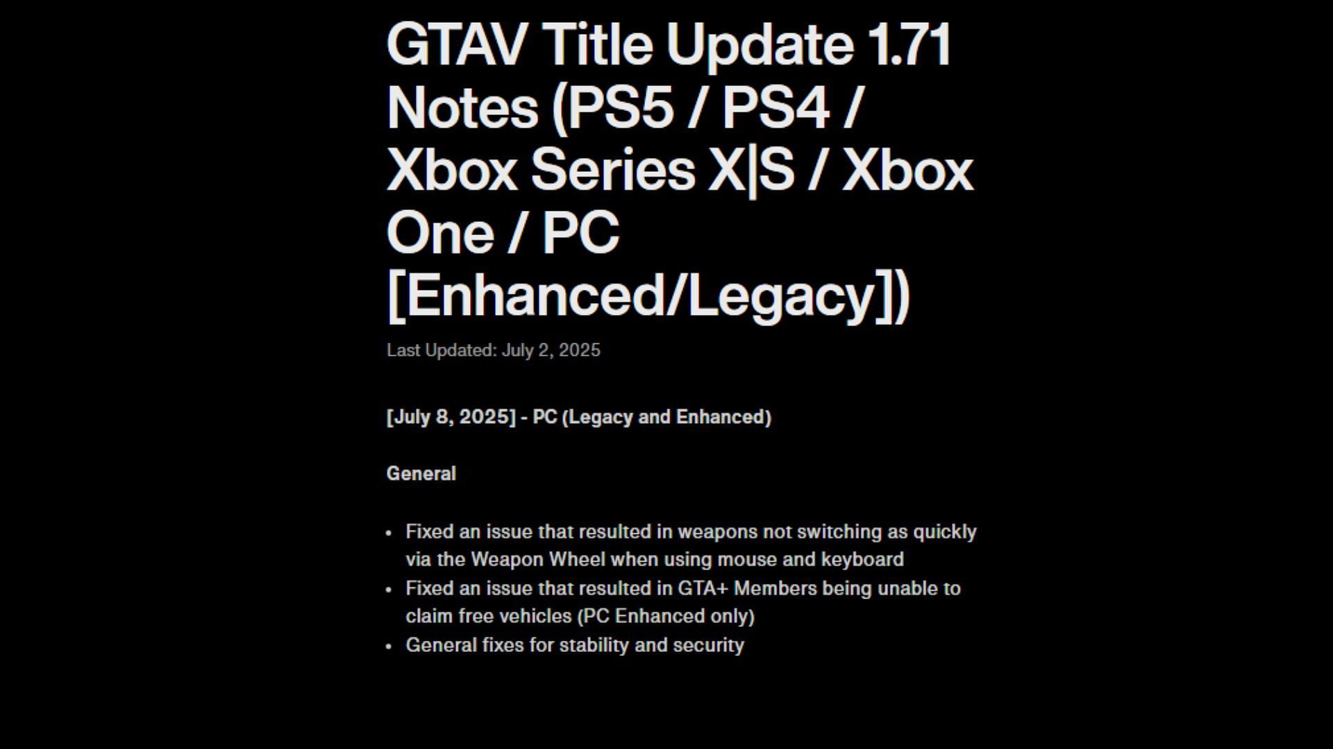 Latest Grand Theft Auto 5 patch notes (Image via Rockstar Games)